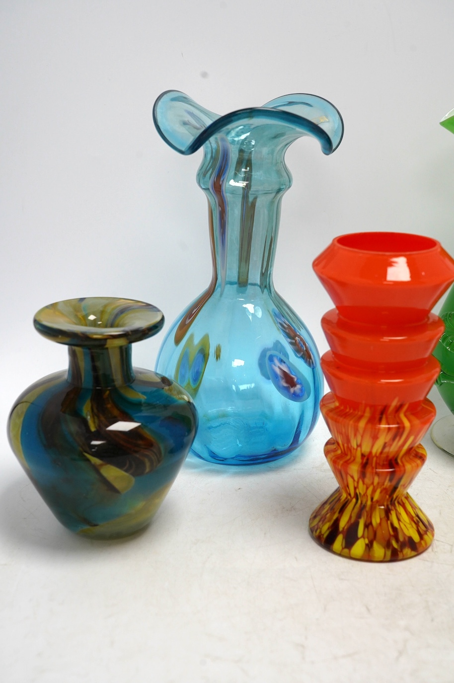 Five ornamental coloured vases, including a Mdina Tiger vase and a Viking vase, tallest 25cm high. Condition - fair to good, no visible cracks